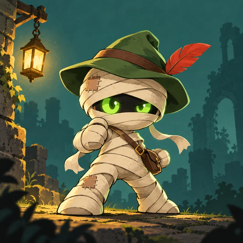 Mumihood, a bandaged mummy in a green feathered hat with his fists up beside a lantern in an old ruin