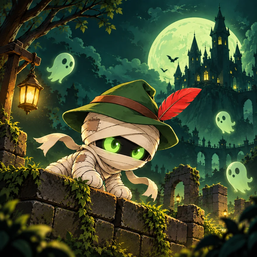 Mumihood peeking over an ivy-covered stone wall beside a lantern, with small ghosts and a castle under a green moon